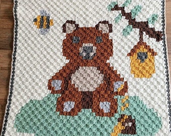 Padrão de manta de crochê para bebê Honeybear: Urso de pelúcia C2C (Download em PDF)