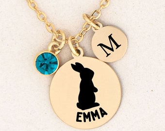 Personalized Bunny Necklace Girls Jewelry Bunny Gifts Easter Gift Birthstone Initial Easter Basket Stuffer Bunny Pendant Rabbit Necklace