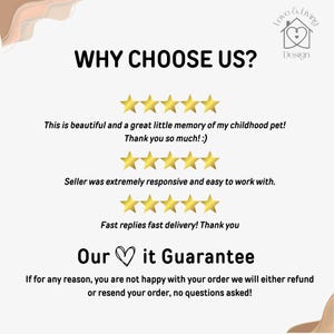 May include: A graphic with the text "WHY CHOOSE US?" and customer testimonials. The testimonials include phrases like "beautiful memory" and "fast delivery." A heart symbol is next to the words "Our it Guarantee."