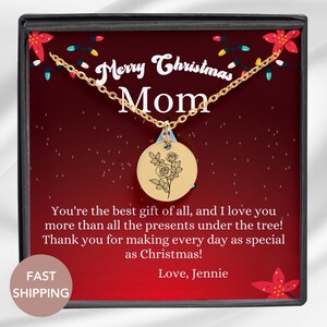 Collier de fleurs de naissance Cadeau de Noël personnalisé pour maman avec carte de message Bijoux de Noël personnalisés Cadeau de vacances pour maman Cadeau de fleur de naissance