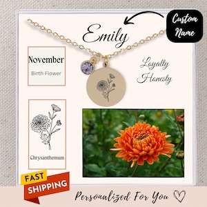 November Birth Flower Necklace Birth Month Necklace Personalized November Birthstone Necklace Her Birthday Gift Anniversary Notecard Gift