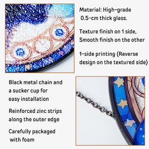 May include: Stained glass window with a celestial design. Features a black metal chain for hanging and reinforced zinc strips. Made of high-grade 0.5-cm thick glass with a textured finish on one side and a smooth finish on the other.