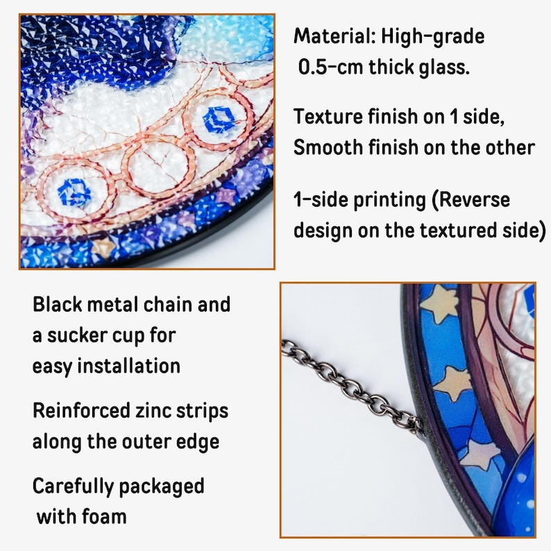 May include: Stained glass window with a celestial design. Features a black metal chain for hanging and reinforced zinc strips. Made of high-grade 0.5-cm thick glass with a textured finish on one side and a smooth finish on the other.