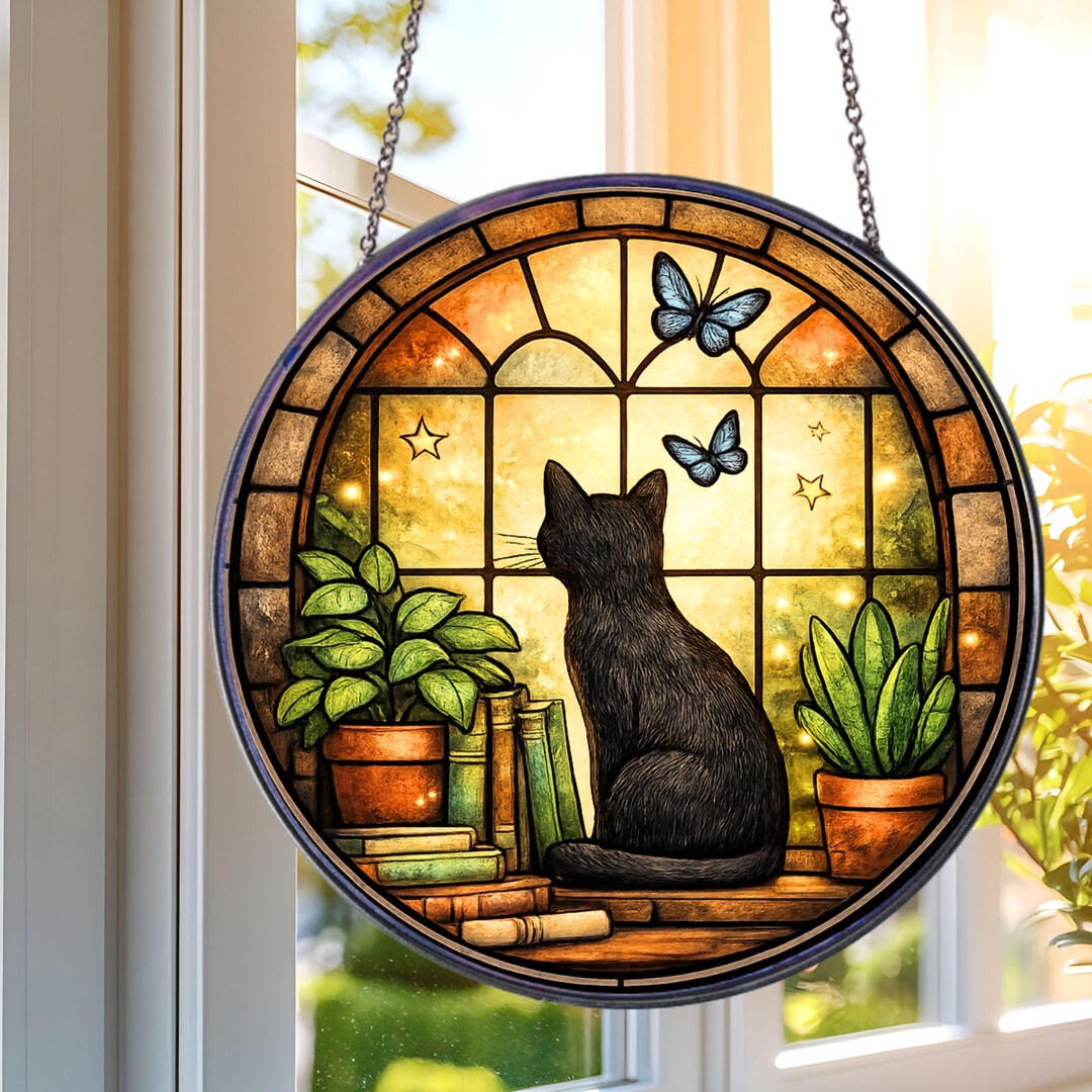 Custom Black Cat Suncatcher, Stained Glass Cat Window Hanging, Cat ...