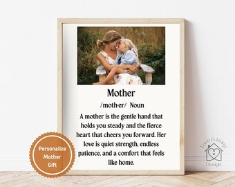 May include: Framed print with a photograph of a mother and child, with the word "Mother" and a definition below. The print includes the text "Personalize Mother Gift" on a circular sticker and a logo with a heart.