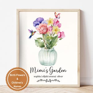 Impression de bouquet de famille de fleurs de naissance, cadeau de fête des mères du jardin de Mimi, art floral du mois de naissance, cadeau d'anniversaire personnalisé pour Mimi, anniversaire