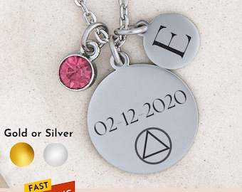 Sobriety Necklace, AA Recovery Gift, Personalized Birthstone Date Pendant, Custom Birth Stone and Date Jewelry, Sober Anniversary Jewelry