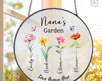 Nana Birth Flower Suncatcher, Personalized Garden Gift for Nana, Custom Names Floral Glass Suncatcher, Grandchildren Birth Flowers