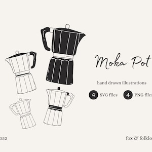 May include: Illustration of four Moka pots in black and white. The image includes the text "Moka Pot" and "hand drawn illustrations". The image also includes the text "4 SVG files" and "4 PNG files".