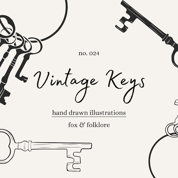 Hand Drawn Vintage Keys and Keyring Illustration SVG, PNG - Antique Keys Clipart Svg Png - Vintage Clipart