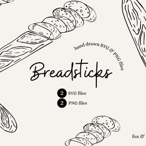 May include: Black and white line art illustration of breadsticks, some sliced, on a cream background. Text includes "Breadsticks", "hand drawn SVG & PNG files", and "2 SVG files, 2 PNG files". The fox & folklore logo is also present.