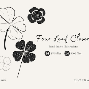 Puede incluir: Ilustración en blanco y negro de tréboles de cuatro hojas. La imagen incluye el texto "Four Leaf Clover" y "hand drawn illustrations". También muestra "14 archivos SVG" y "14 archivos PNG". La parte inferior de la imagen dice "fox & folklore" y "no. 045."