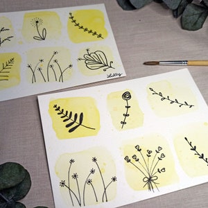Lot de 2 cartes postales en aquarelle jaune sur papier 300g, collection florale