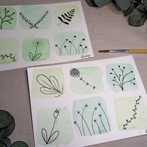 Lot de 2 cartes postales en aquarelle verte sur papier 300g, collection florale