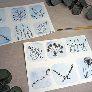 Lot de 2 cartes postales en aquarelle bleue sur papier 300g, collection florale