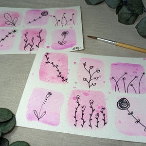 Lot de 2 cartes postales en aquarelle rose sur papier 300g, collection florale