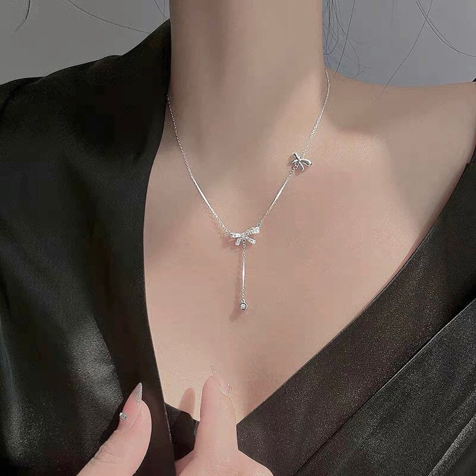 Stainless Steel Bow Tie Necklace With Faux Silk Bead Pendant Elegant Everyday Jewelry For Women
