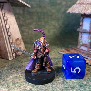 May include: A miniature fantasy warrior figure in red and purple armour, holding a sword. The figure has a gold helmet with a purple plume. A blue die with white numbers is next to the figure.