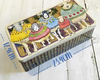 Long Lidded Metal Storage Tins By Emma Ball Ideal For Storing Craft Crochet Sewing Projects & Biscuits Sheep In Jumpers Themed High Quality