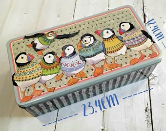 Long Lidded Metal Craft Storage Tins By Emma Ball Ideal For Storing Craft Crochet Sewing Projects & Biscuits Puffins In Jumpers High Quality