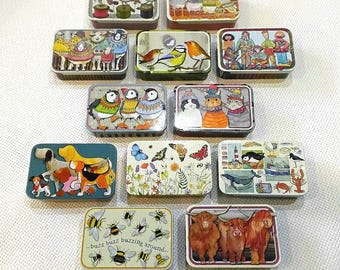 Storage Pocket Tiny Tins With Sliding Lid By Emma Ball Highland Cows Cats Puffins Bee Collection Great for Storing Crafting Bits & Bobs