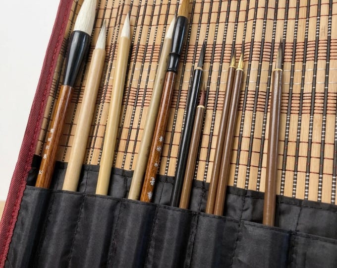 Japanese Calligraphy Brush Set with Bamboo Roll - Sumi-e Painting