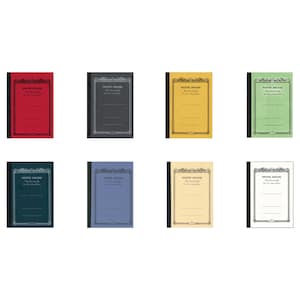 May include: Eight rectangular notebooks arranged in two rows, featuring covers in red, dark gray, yellow, light green, dark blue, light blue, beige, and white. Each notebook has a black spine and a decorative frame with the text NOTE BOOK.