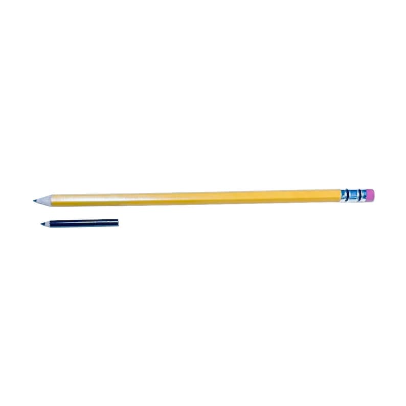 May include: A long yellow wooden pencil with a silver metal ferrule and a pink eraser at one end, positioned horizontally above a much shorter, thin dark blue pencil. Both writing instruments have sharpened graphite tips pointing left.