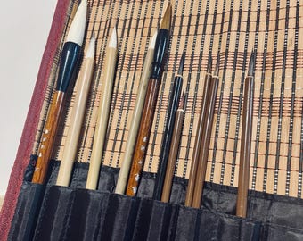 Japanese Calligraphy Brush Set with Bamboo Roll - Sumi-e Painting