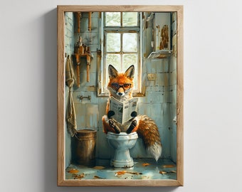 Lustiger Fuchs Badezimmer Kunstdruck, Zeitung lesend (Digitaler Download)