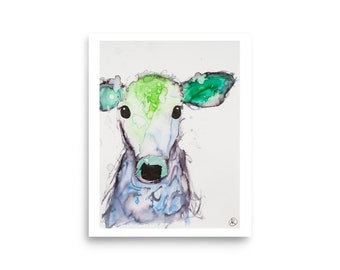 Stampa di mucca per bambini, Pittura ad acquerello di mucca, Arte della parete della mucca, Regalo dell'amante della mucca, Pittura del vitello, Arte della fattoria, Arte vegana, Pittura degli animali della fattoria