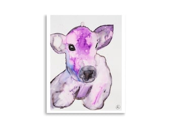 Stampa di mucca per bambini, Pittura ad acquerello di mucca spaziale, Arte della parete della mucca, Regalo dell'amante della mucca, Pittura del vitello, Arte della fattoria, Arte vegana, Pittura di animali da fattoria