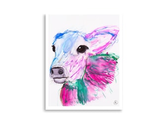 Stampa di mucca per bambini, Pittura ad acquerello di mucca, Arte della parete della mucca, Regalo dell'amante della mucca, Pittura del vitello, Arte della fattoria, Arte vegana, Pittura degli animali della fattoria