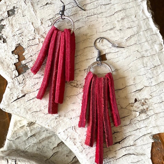 Red Leather Strip Earrings Etsy