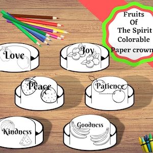 Corone di carta colorabili Frutti dello spirito stampabili. Frutti dello spirito: lavoretto biblico per bambini.