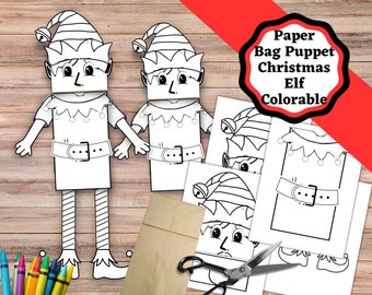 May include: Printable paper bag puppet craft of a Christmas elf. The elf is black and white and ready to be colored. The craft includes a paper bag, elf head, body, arms, legs, and shoes. The title "Paper Bag Puppet Christmas Elf Colorable" is at the top of the image.