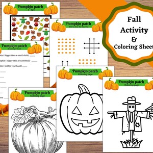 Könnte beinhalten: Ein druckbarer Satz von Herbst-Aktivitätsblättern für Kinder. Die Blätter beinhalten eine Kürbisfeld-Schnitzeljagd, ein Punkt-zu-Punkt-Puzzle, ein Tic-Tac-Toe-Spiel und Malvorlagen mit einem Kürbis, einem Vogelscheuche und einem Kürbisgesicht.