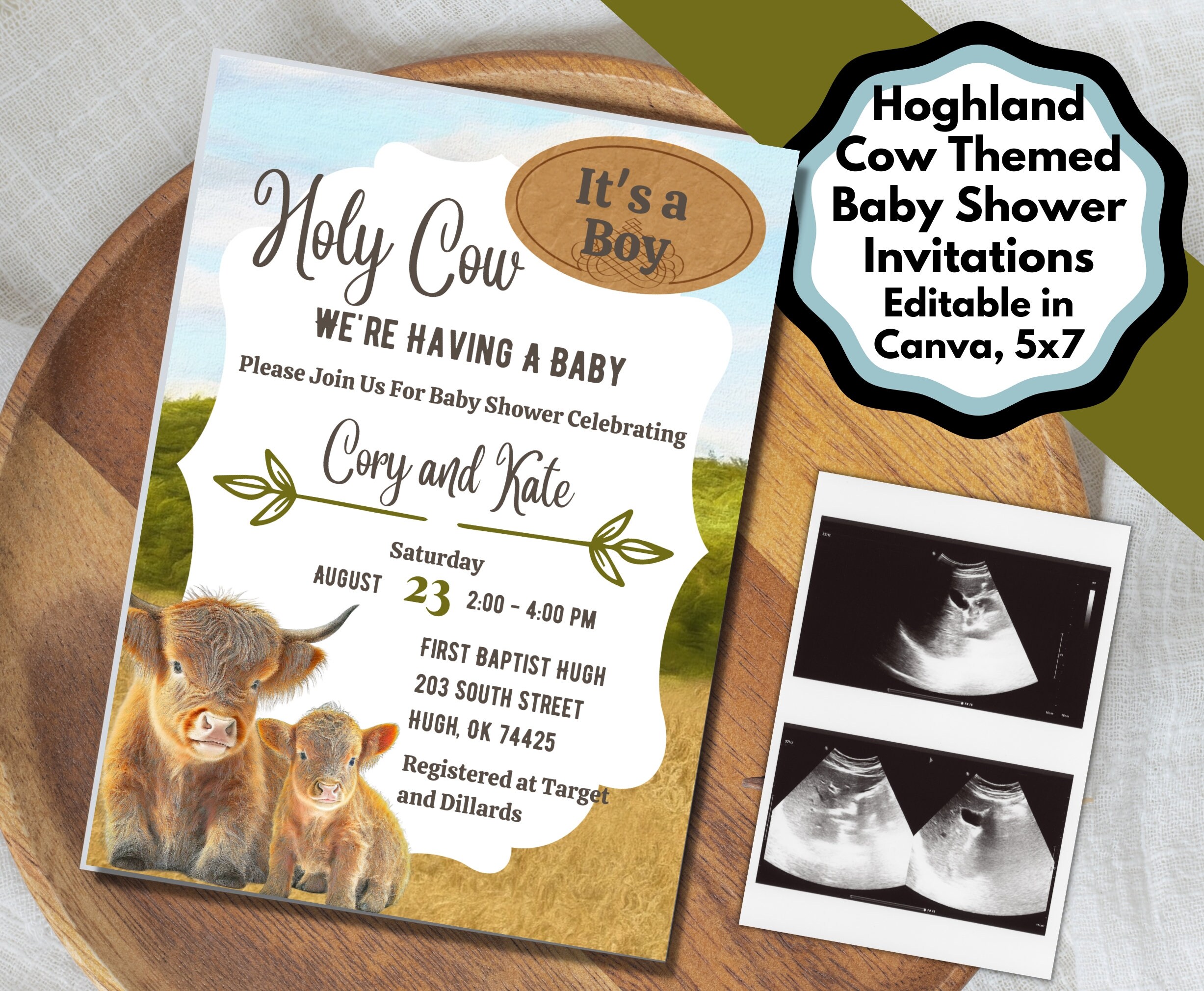 Highland Cow Themed Baby Shower Invitations Printable baby shower invitations with thankyou cards Editable in Canva Cow