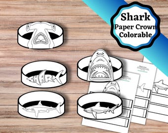 Printable shark crowns, colorable versions. Shark craft, shark party favor