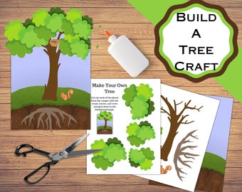 May include: A craft kit with the text "Build a Tree Craft". The kit includes a tree illustration, tree parts, a squirrel, scissors, and glue. The tree illustration has a brown trunk, green leaves, and a nest.