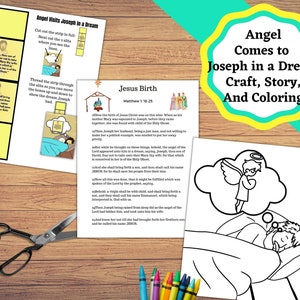 Puede incluir: Una actividad de manualidades, historia y colorear imprimible para niños sobre el ángel que visita a José en un sueño. La imagen muestra una ilustración en blanco y negro de un ángel que se le aparece a José en un sueño. El texto incluye el versículo bíblico Mateo 1:18-25.
