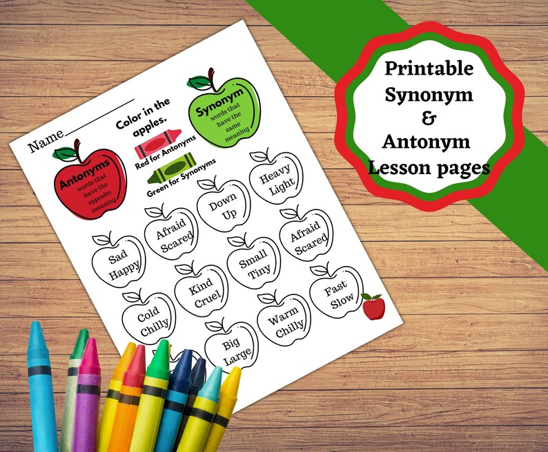 Printable lesson pages for learning Antonyms and synonyms. Matching up Synonyms, matching up Antonyms. image 2