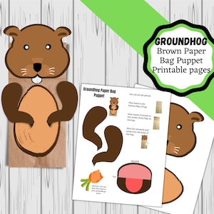 Printable Groundhog Paper Bag Puppet, Groundhog day paper puppet craft. Groundhog craft.