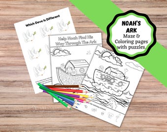 Noah's Ark Printable set of puzzle and Maze that are colorable. Noah's Ark bible kids coloring and maze.