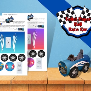 Afdrukbare toiletpapierrol raceauto. Leuke kartonnen raceautoknutsel voor kinderen. Leuke kinderafdruk.