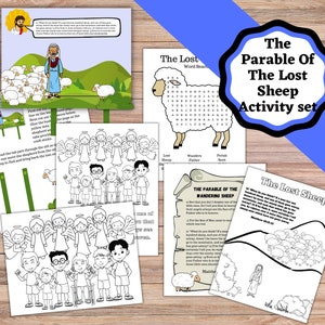 Printable Activity set for the Parable of the Lost Sheep. Lost sheep , The lost sheep craft, coloring, Bible verse page, and word search.