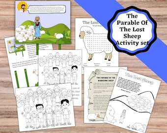 Printable Activity set for the Parable of the Lost Sheep. Lost sheep , The lost sheep craft, coloring, Bible verse page, and word search.
