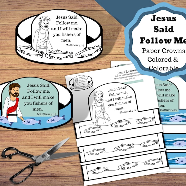 Printable Jesus Said Follow me, Paper Crowns, Follow Jesus, Fishers of Men, VBS, Church, Kids Craft.