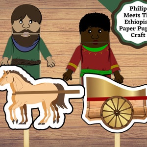 Marionette di carta stampabili per la storia biblica di Filippo e l'Etiope. Philip incontra l'artigianato etiope per bambini.