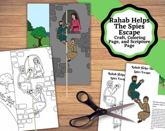 May include: A printable craft activity for kids featuring Rahab helping the spies escape. The craft includes a coloring page, a scripture page, and a cut-out craft activity. The craft is based on the biblical story of Rahab.